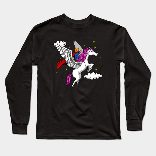 Cat Superhero Riding Pegasus Unicorn Party Long Sleeve T-Shirt by underheaven